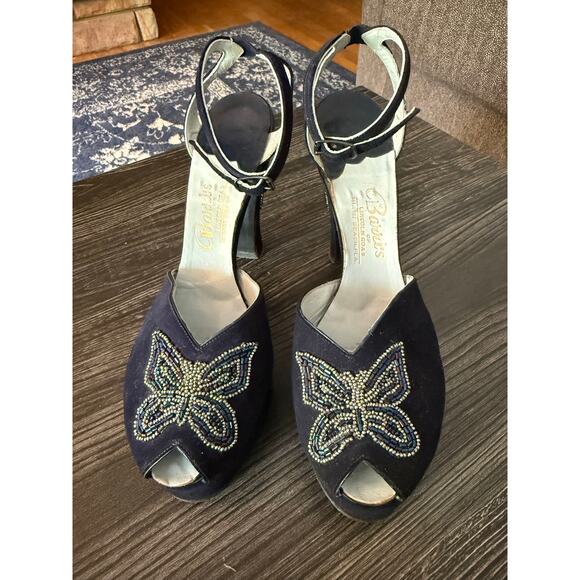 Vintage Barri’s of Miami Beach Velvet Strappy Beaded Butterfly Platforms Sz. 6 - Picture 1 of 8